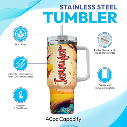 Colorful Owl Tumbler 40oz – Personalized Stainless Steel Insulated Travel Cup with Handle & Straw – Artistic Gift for Owl Lovers