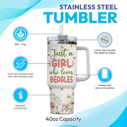 Beagle Dog Lover Tumbler 40oz – Personalized Stainless Steel Insulated Cup with Handle & Straw, Watercolor Floral Design – Heartfelt Gift for Women & Girls