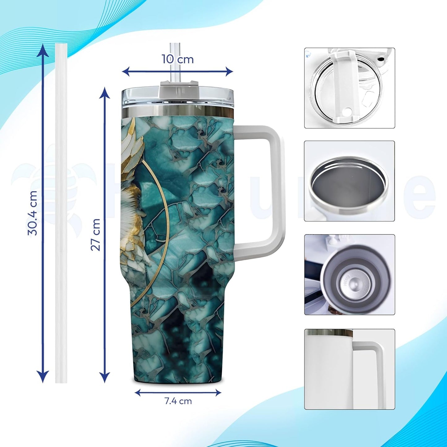 Golden Owl Marble Tumbler 40oz with Handle & Straw – Personalized Stainless Steel Travel Cup with Lid – Stylish Gift for Owl Lovers
