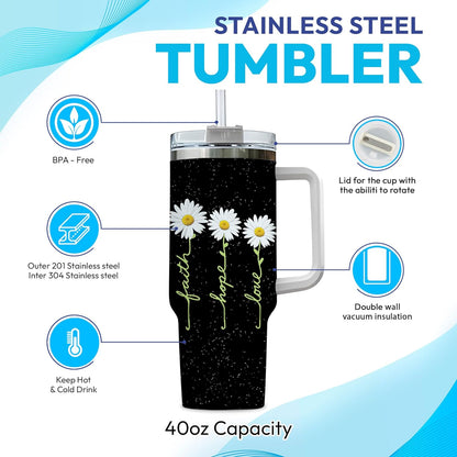 Daisy Flower Tumbler 40oz with Handle & Straw – Personalized Stainless Steel Insulated Travel Cup with Lid – Stylish Floral Gift for Women