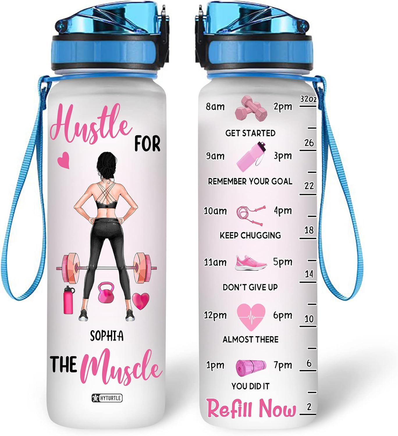 Fitness Gym Theme Water Bottle Tracker 32oz – Personalized Motivational Bottle with Time Marker – Stylish Gift for Gym Lovers