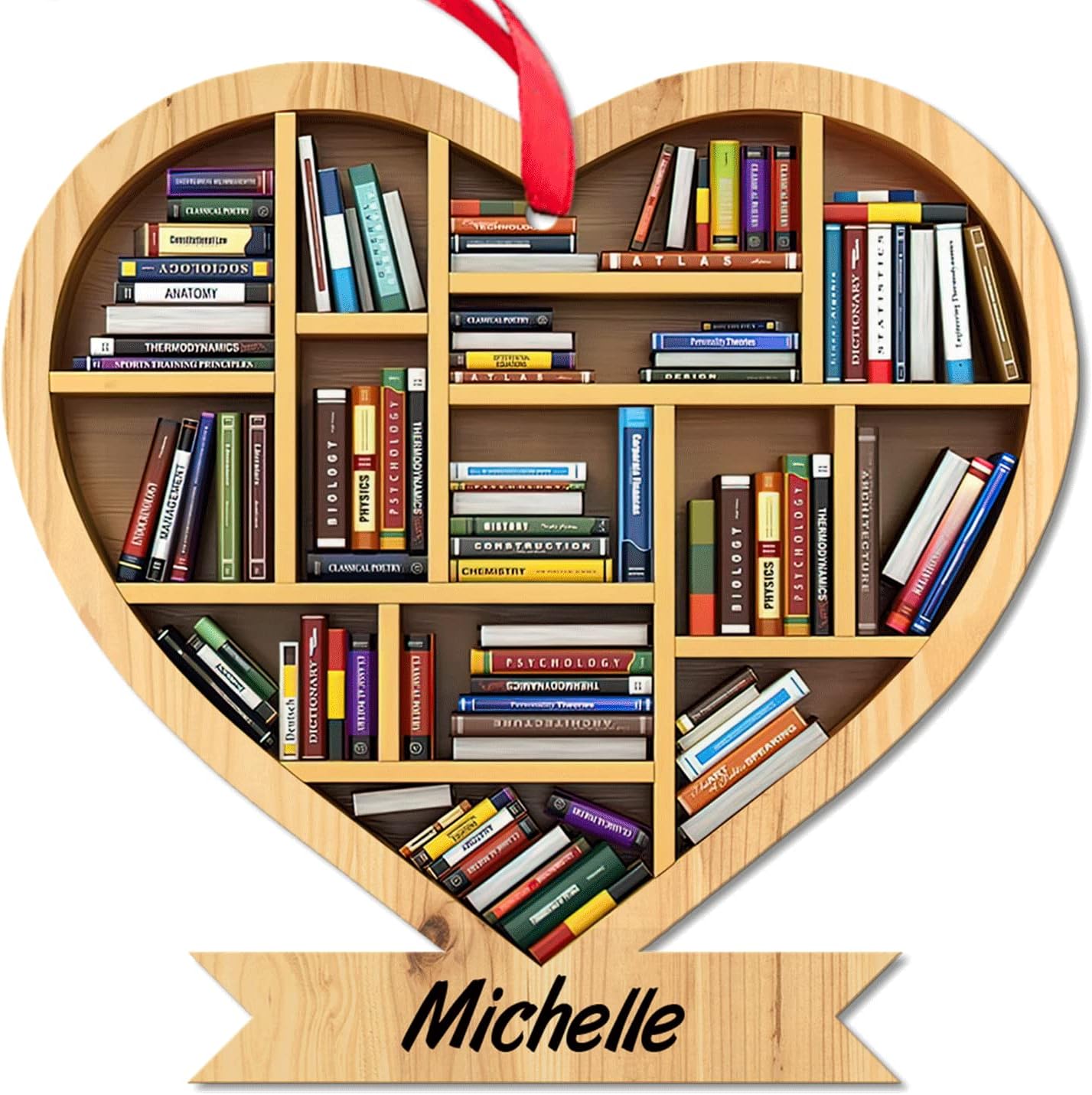 Heart-Shaped Bookshelf Wood Ornament – Personalized Christmas Gift for Librarian, Teacher, or Book Lover