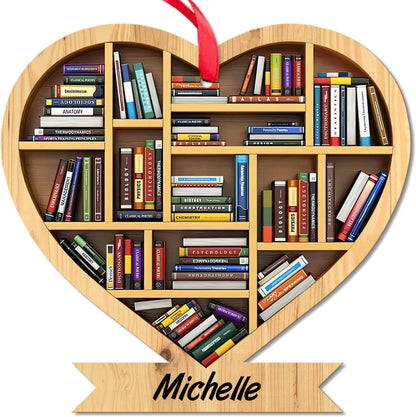 Heart-Shaped Bookshelf Wood Ornament – Personalized Christmas Gift for Librarian, Teacher, or Book Lover