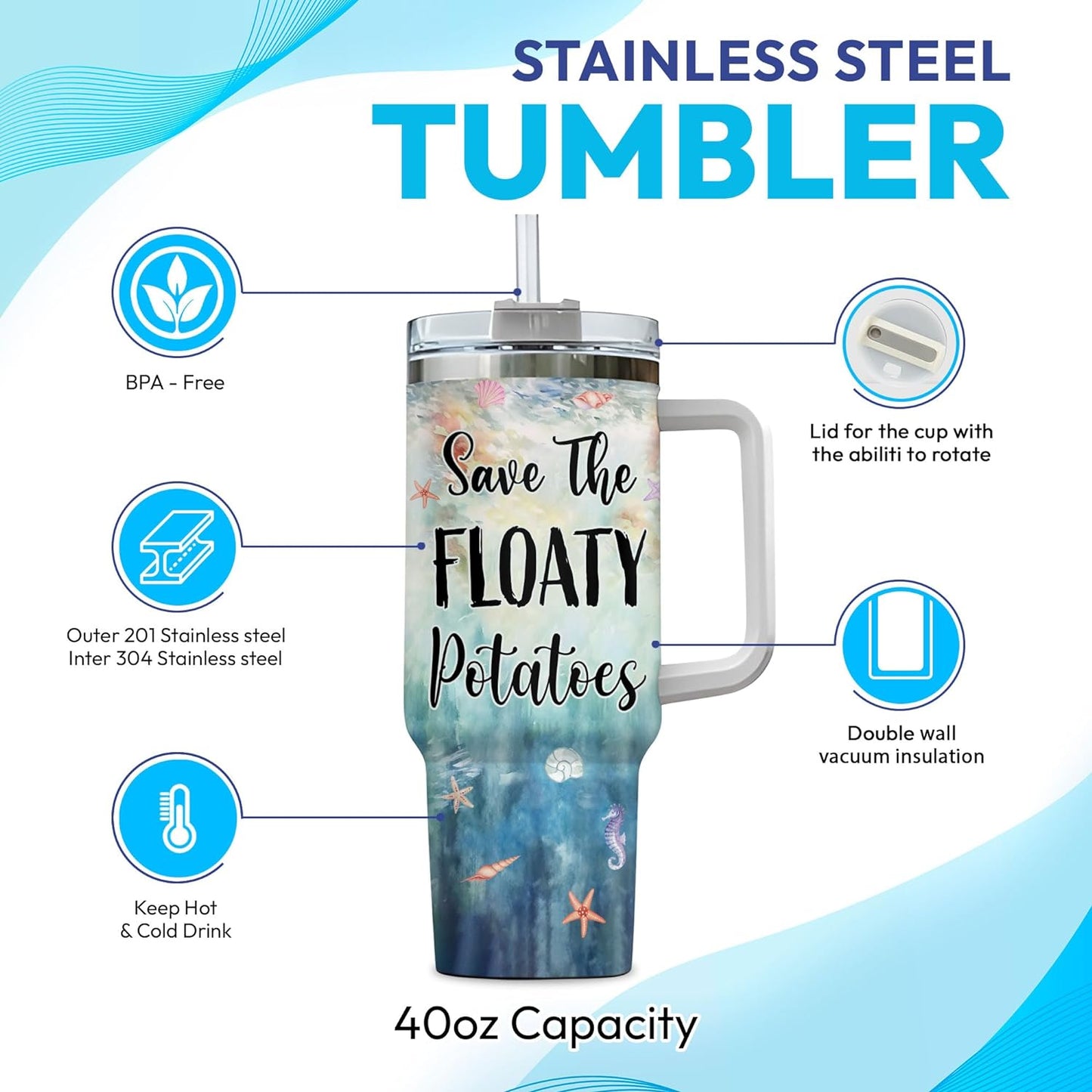 Manatee Lover Tumbler 40oz with Handle & Straw – Personalized Stainless Steel Insulated Travel Cup with Lid – Cute Sea Animal Gift for Women & Girls