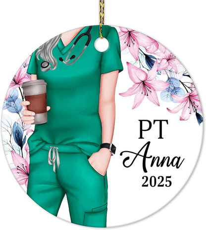 Physical Therapist Scrubs Floral Ceramic Circle Ornament – Personalized Christmas Gift for PT or PTA, Clinic Team Appreciation Decor