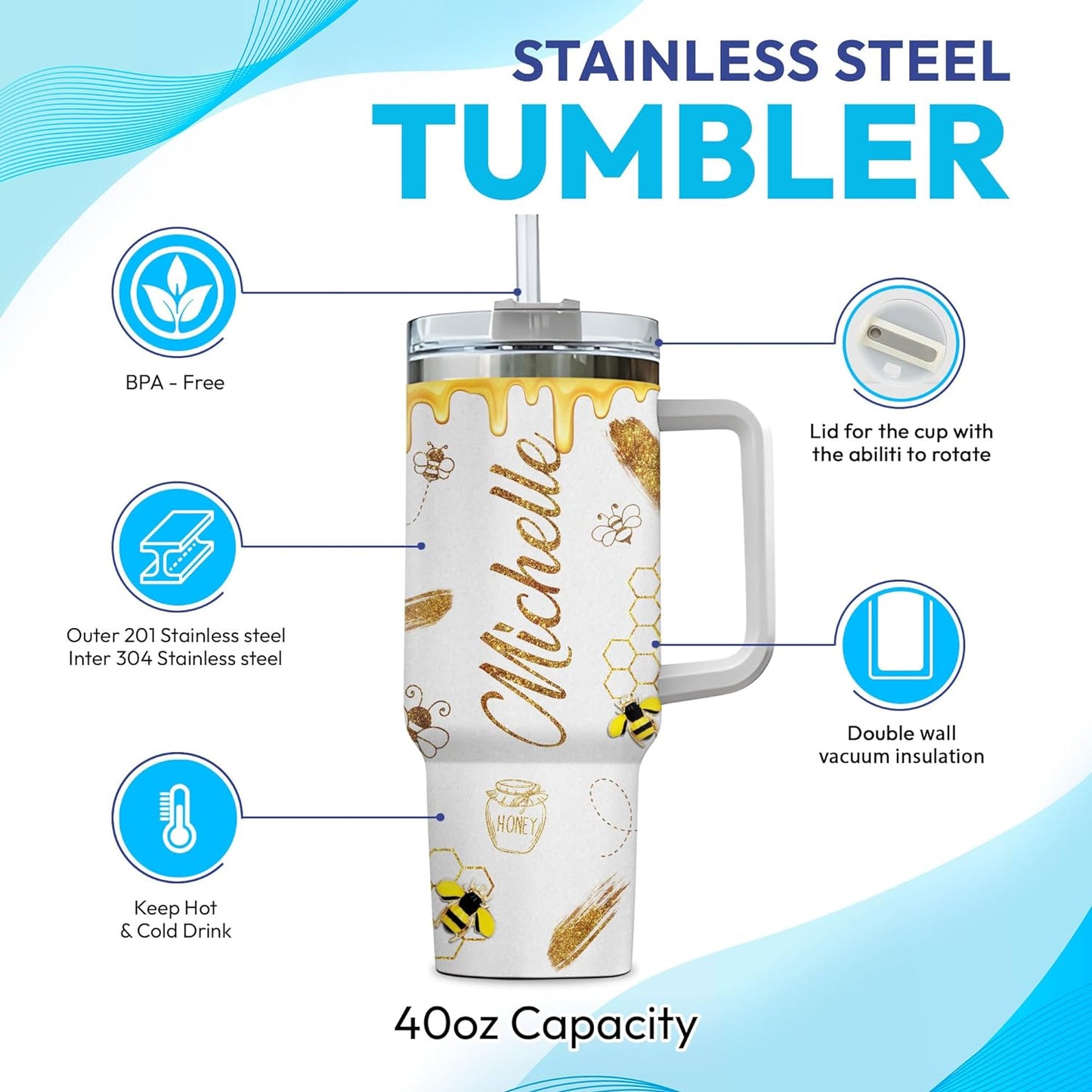 Bee & Honeycomb Tumbler 40oz with Handle & Straw – Personalized Stainless Steel Insulated Travel Cup with Lid – Unique Gift for Bee Lovers
