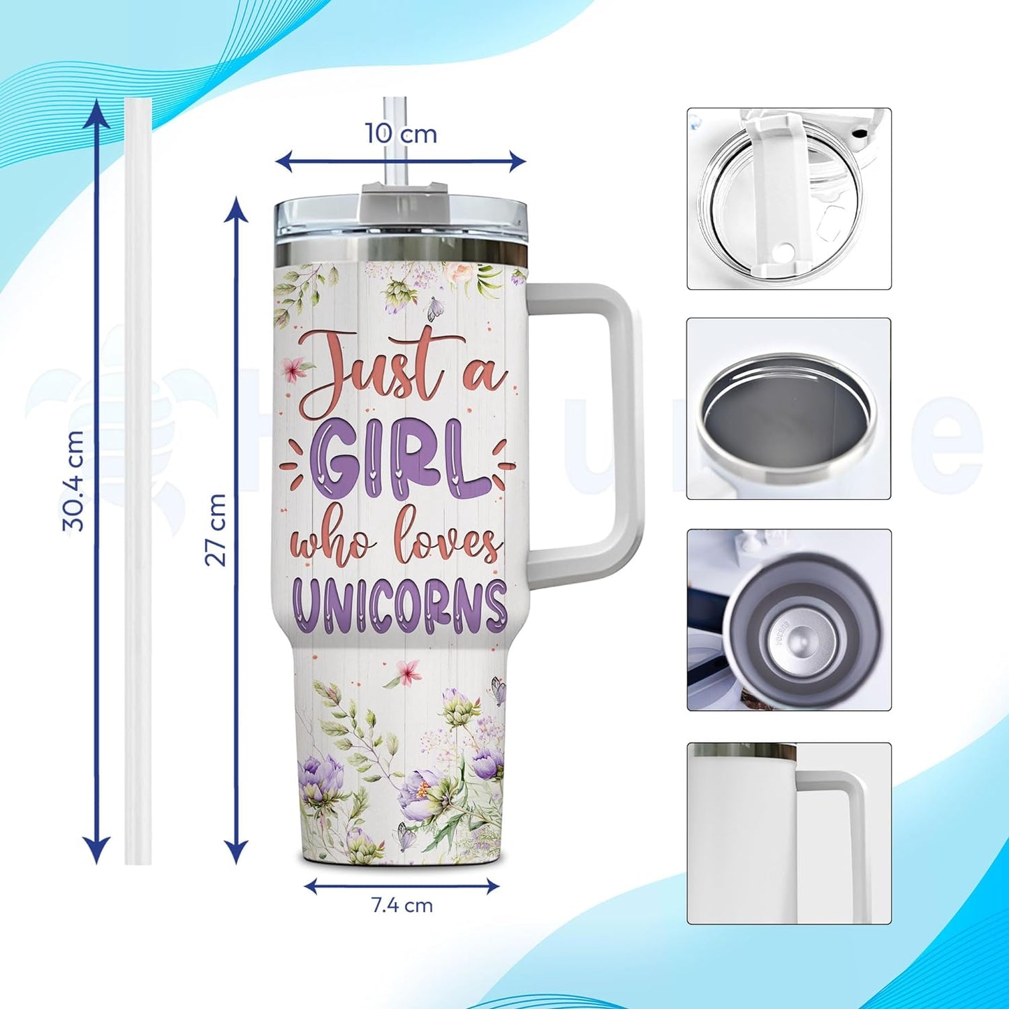 Magical Unicorn Tumbler 40oz with Handle & Straw – Personalized Stainless Steel Insulated Cup with Lid – Whimsical Gift for Fantasy Lovers