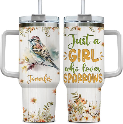 Sparrow Lover Tumbler 40oz with Handle & Straw – Personalized Stainless Steel Insulated Travel Cup – Stylish Gift for Nature Lovers