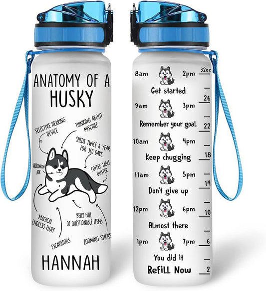 Husky Anatomy Water Bottle Tracker 32oz – Personalized Motivational Bottle with Time Marker – Funny Pet Lover Gift for Women