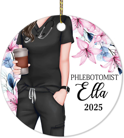 Phlebotomist Scrubs Floral Ceramic Circle Ornament – Personalized Christmas Gift for Medical Worker, Lab Tech or Healthcare Hero Appreciation