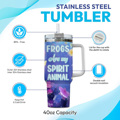 Colorful Frog Tumbler 40oz with Handle & Straw – Personalized Stainless Steel Cup with Lid – Cute Animal Lover Gift for Women & Kids