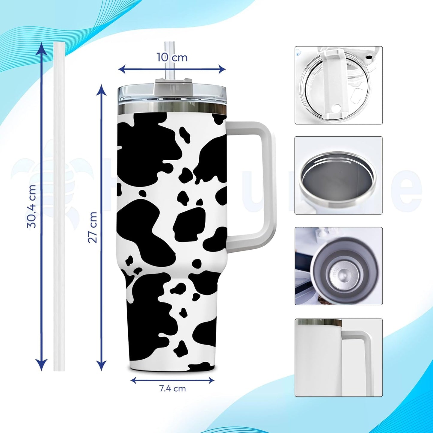 Cow Print Tumbler 40oz – Personalized Stainless Steel Insulated Travel Cup with Handle & Straw, Leak-Proof Lid – Unique Gift for Farm Animal Lovers