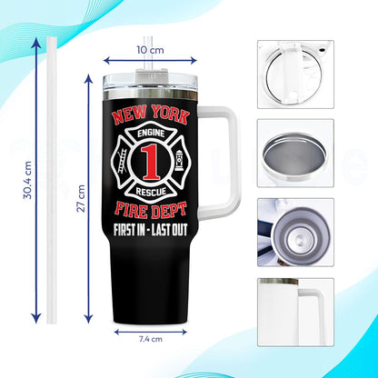 Firefighter Flag Tumbler 40oz with Handle & Straw – Personalized Stainless Steel Insulated Travel Cup with Lid – Meaningful Gift for Firemen & Heroes