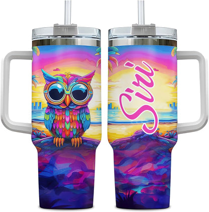 Colorful Sunset Owl Tumbler 40oz with Handle & Straw – Personalized Stainless Steel Insulated Cup with Lid – Unique Gift for Owl Lovers