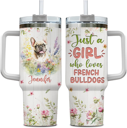 French Bulldog Lover Tumbler 40oz – Personalized Stainless Steel Insulated Cup with Handle & Straw, Pastel Floral Dog Design – Creative Gift for Women & Girls