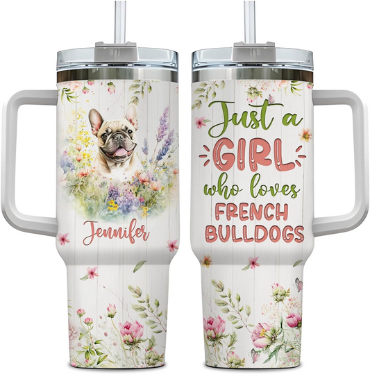 French Bulldog Lover Tumbler 40oz – Personalized Stainless Steel Insulated Cup with Handle & Straw, Pastel Floral Dog Design – Creative Gift for Women & Girls