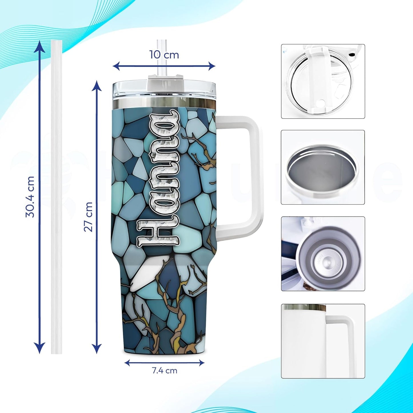 Blue Mosaic Owl Tumbler 40oz with Handle & Straw – Personalized Stainless Steel Insulated Travel Cup with Lid – Stylish Gift for Owl Lovers