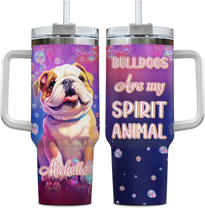 Bulldog Spirit Animal Tumbler 40oz – Personalized Stainless Steel Travel Cup with Handle & Straw – Fun Gift for Dog Moms & Pet Lovers