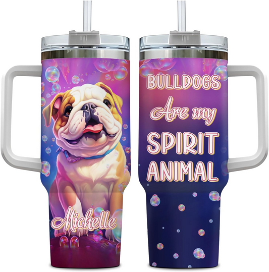 Bulldog Spirit Animal Tumbler 40oz – Personalized Stainless Steel Travel Cup with Handle & Straw – Fun Gift for Dog Moms & Pet Lovers