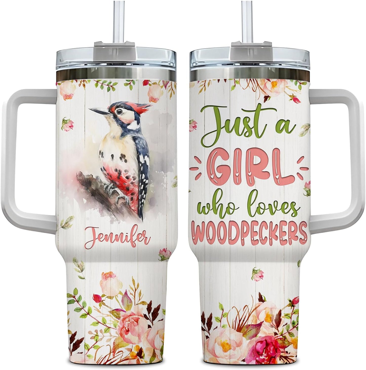 Woodpecker Lover Tumbler 40oz with Handle & Straw – Personalized Stainless Steel Travel Cup with Lid – Creative Gift for Bird Enthusiasts