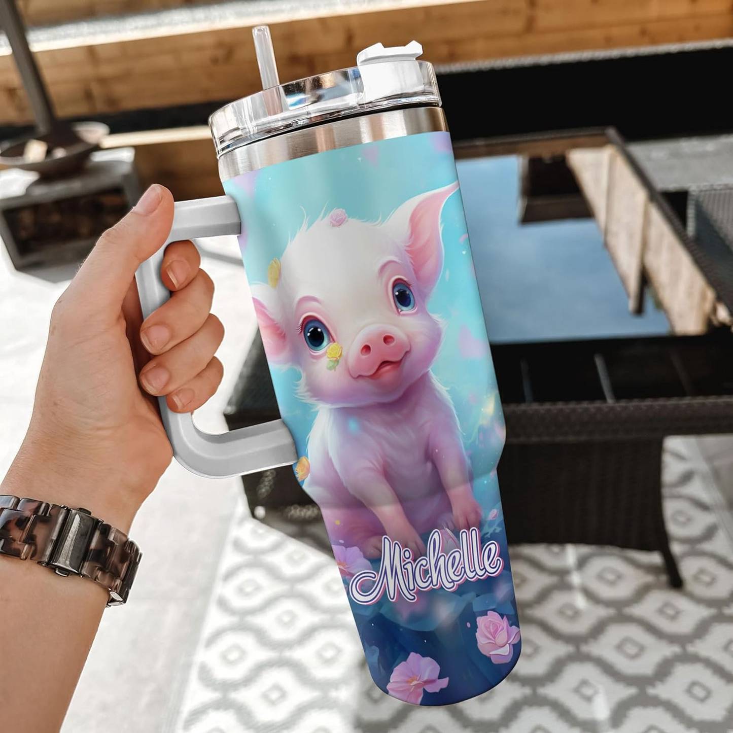Pig Lover Tumbler 40oz with Handle & Straw – Personalized Stainless Steel Insulated Travel Cup with Lid – Cute Birthday & Christmas Gift for Animal Lovers