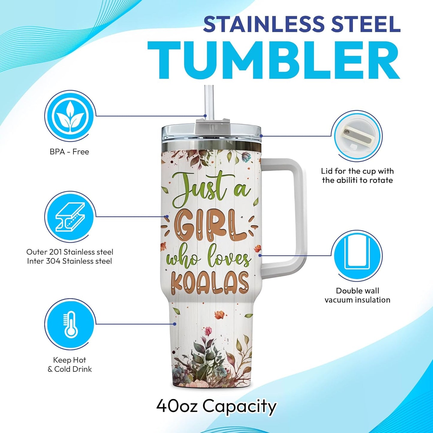 Koala Lover Tumbler 40oz with Handle & Straw – Personalized Stainless Steel Insulated Travel Cup with Lid – Adorable Gift for Wildlife Fans
