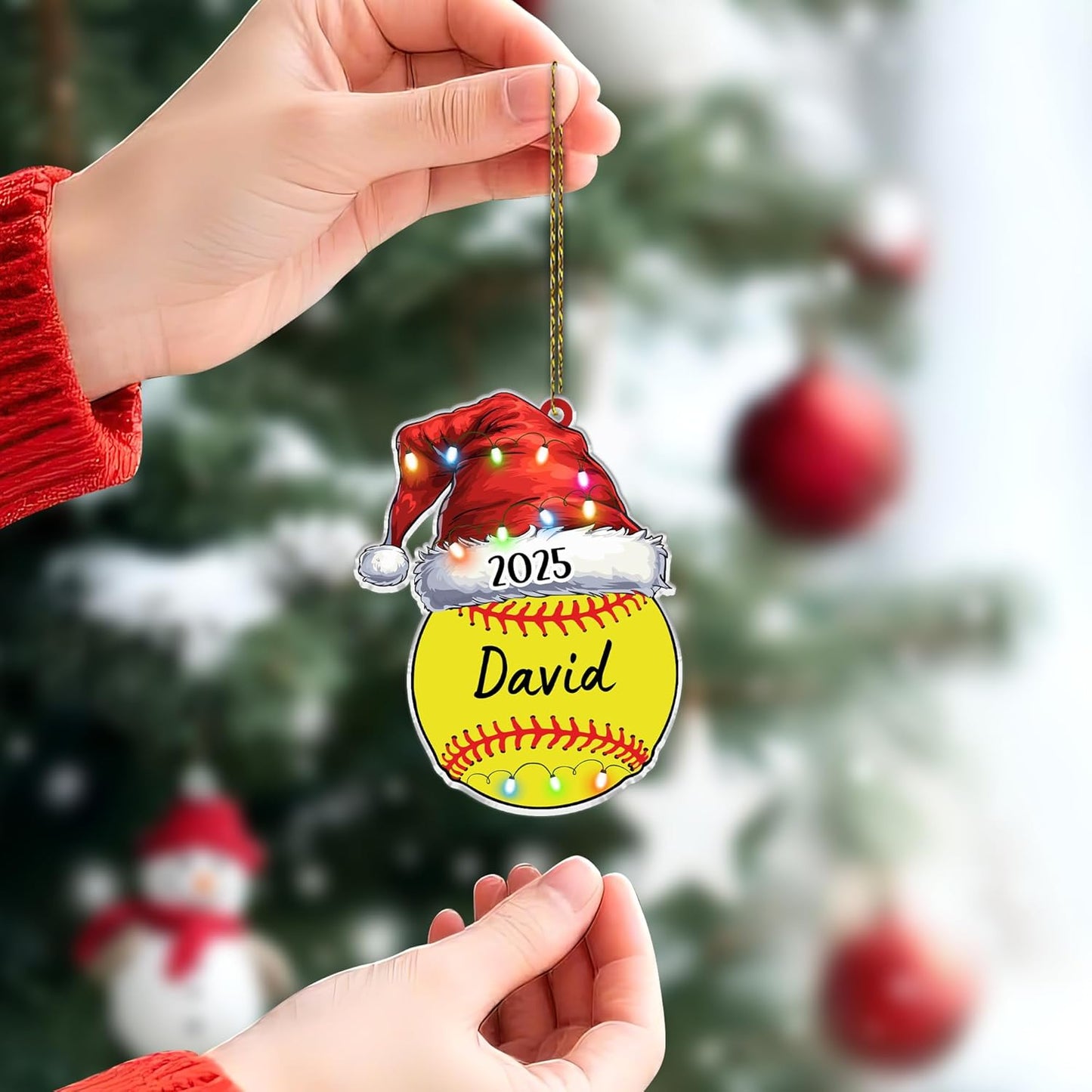 Softball Santa-Hat Cut Acrylic Ornament – Personalized Christmas Gift for Player, Team or Coach, Sports Tree Decor for Girls and Women