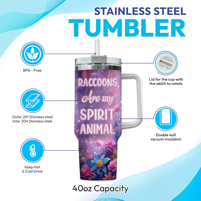 Raccoon Lover Tumbler 40oz with Handle & Straw – Personalized Stainless Steel Insulated Travel Cup with Lid – Unique Gift for Animal Lovers