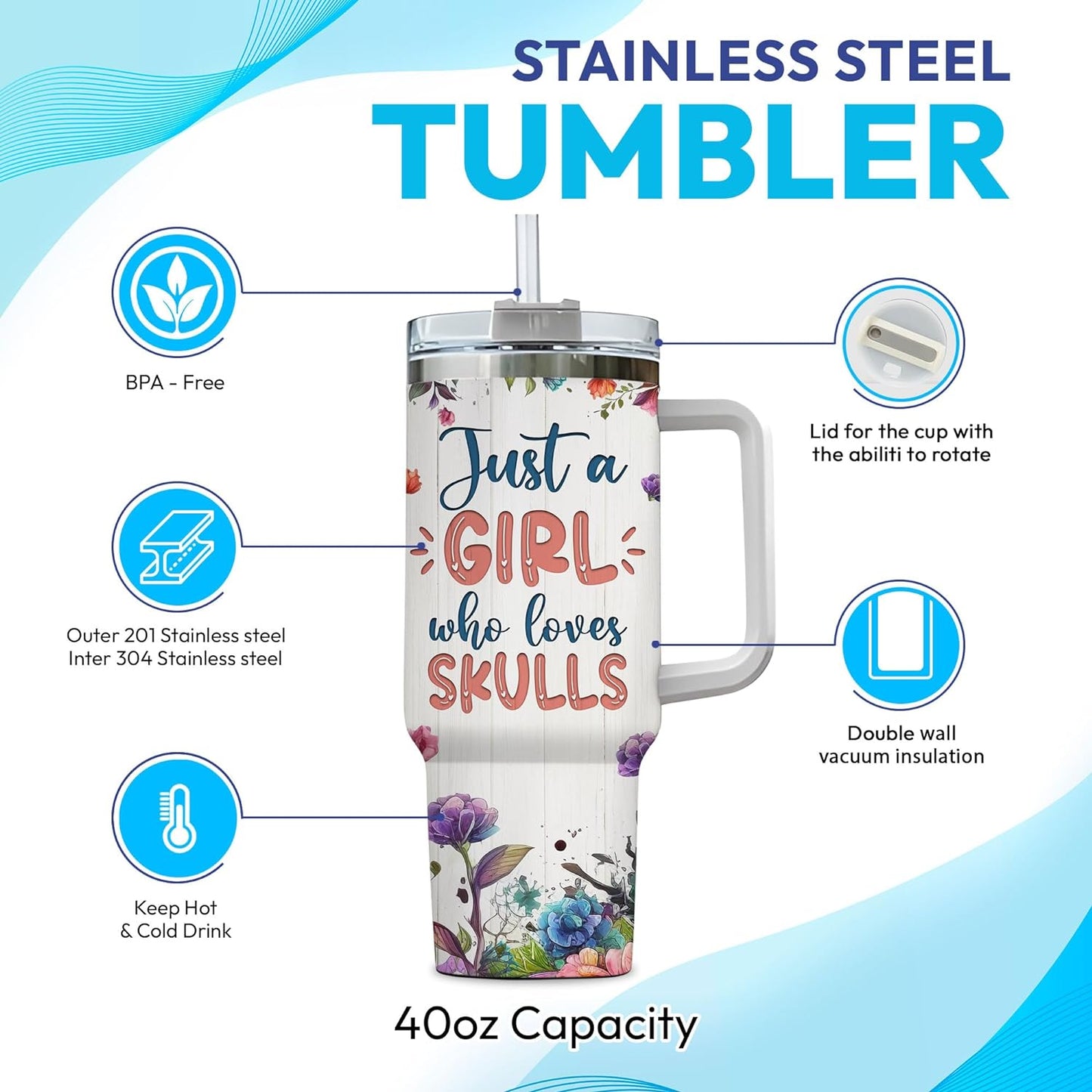 Floral Skull 40oz Tumbler with Handle & Straw – Personalized Stainless Steel Insulated Travel Cup with Lid – Gothic Artistic Gift for Women