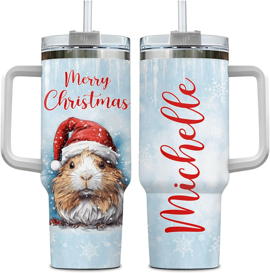 Christmas Guinea Pig Tumbler 40oz with Handle & Straw – Personalized Stainless Steel Insulated Travel Cup with Lid – Cute Holiday Gift for Animal Lovers