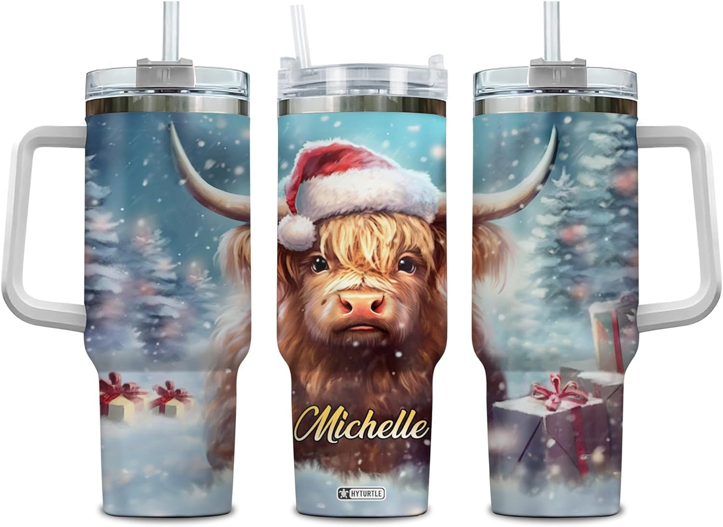 Christmas Highland Cow Tumbler 40oz with Handle & Straw – Personalized Stainless Steel Insulated Cup with Lid – Festive Gift for Cow Lovers