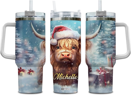 Christmas Highland Cow Tumbler 40oz with Handle & Straw – Personalized Stainless Steel Insulated Cup with Lid – Festive Gift for Cow Lovers