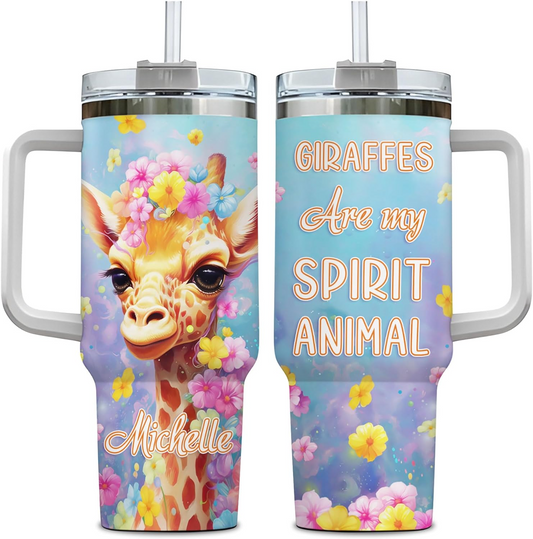 Giraffe Lover Tumbler 40oz with Handle & Straw – Personalized Stainless Steel Insulated Travel Cup with Lid – Cute Birthday Gift for Animal Lovers