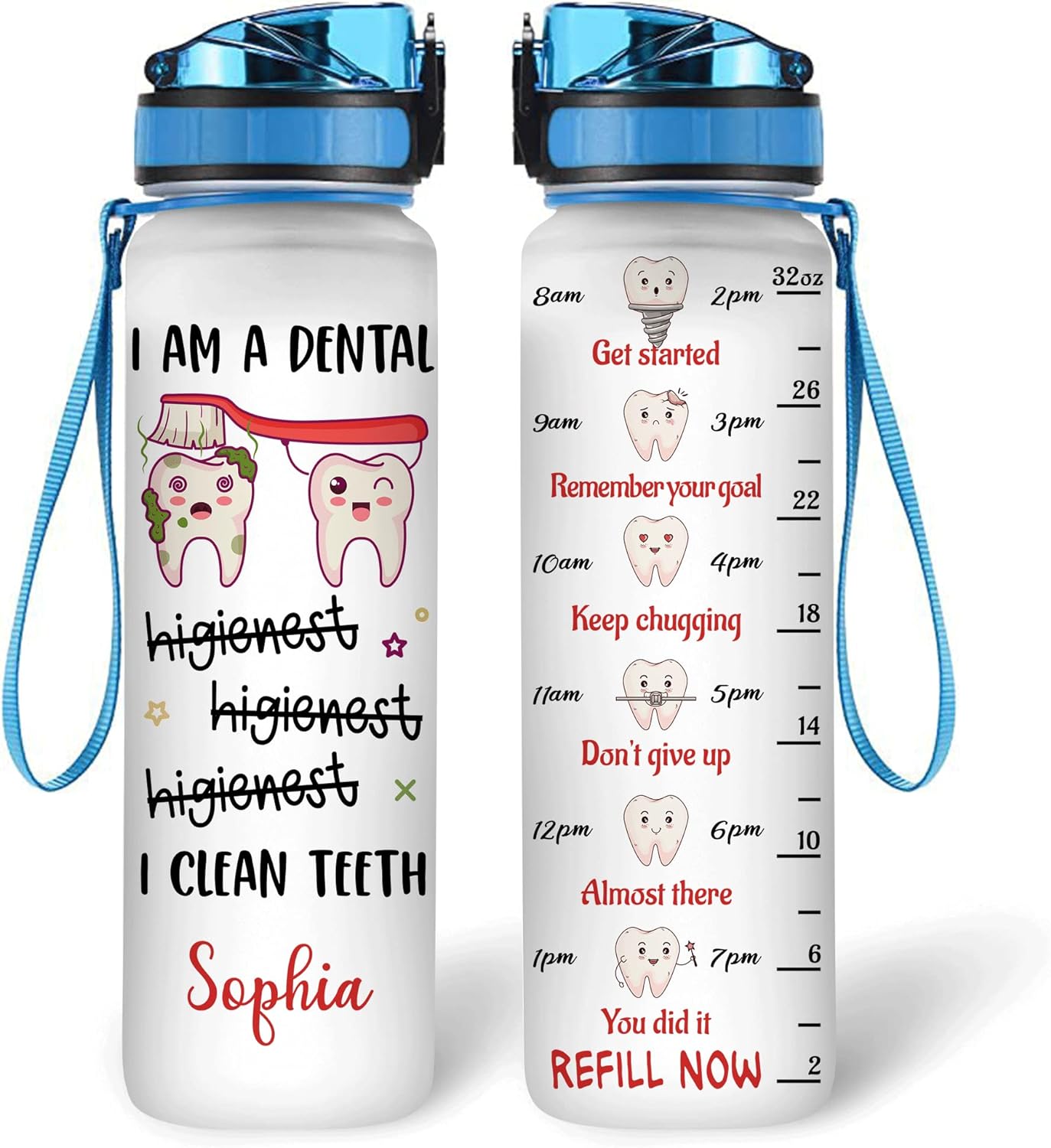 Funny Dental Water Bottle Tracker 32oz – Personalized Dentist Hygienist Hydration Bottle with Time Marker – Cute Gift for Women