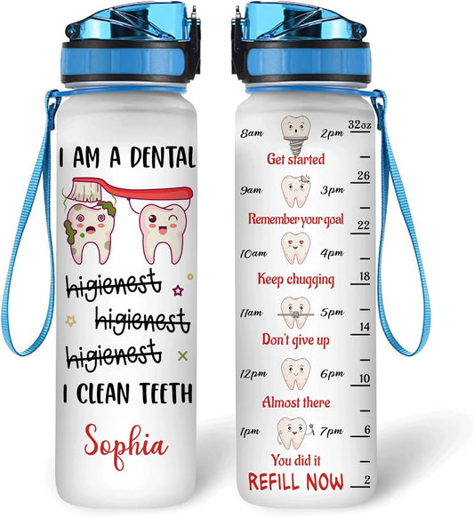 Funny Dental Water Bottle Tracker 32oz – Personalized Dentist Hygienist Hydration Bottle with Time Marker – Cute Gift for Women