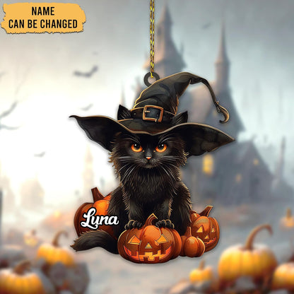 Black Cat with Pumpkins Cut Acrylic Ornament – Personalized Halloween Gift for Cat Lover or Witchy Décor Enthusiast