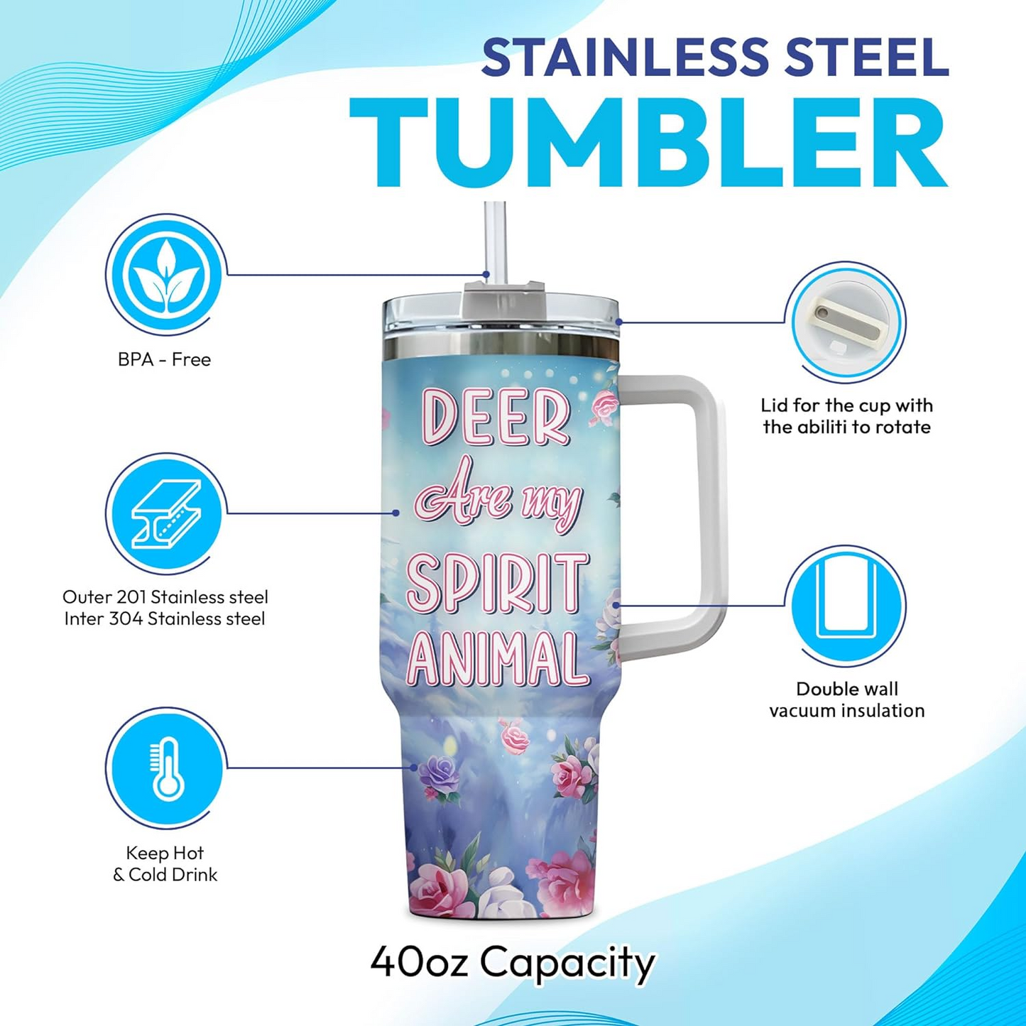 Floral Deer Tumbler 40oz with Handle & Straw – Personalized Stainless Steel Insulated Cup with Lid – Cute Animal Gift for Women & Girls