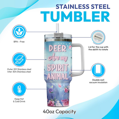Floral Deer Tumbler 40oz with Handle & Straw – Personalized Stainless Steel Insulated Cup with Lid – Cute Animal Gift for Women & Girls