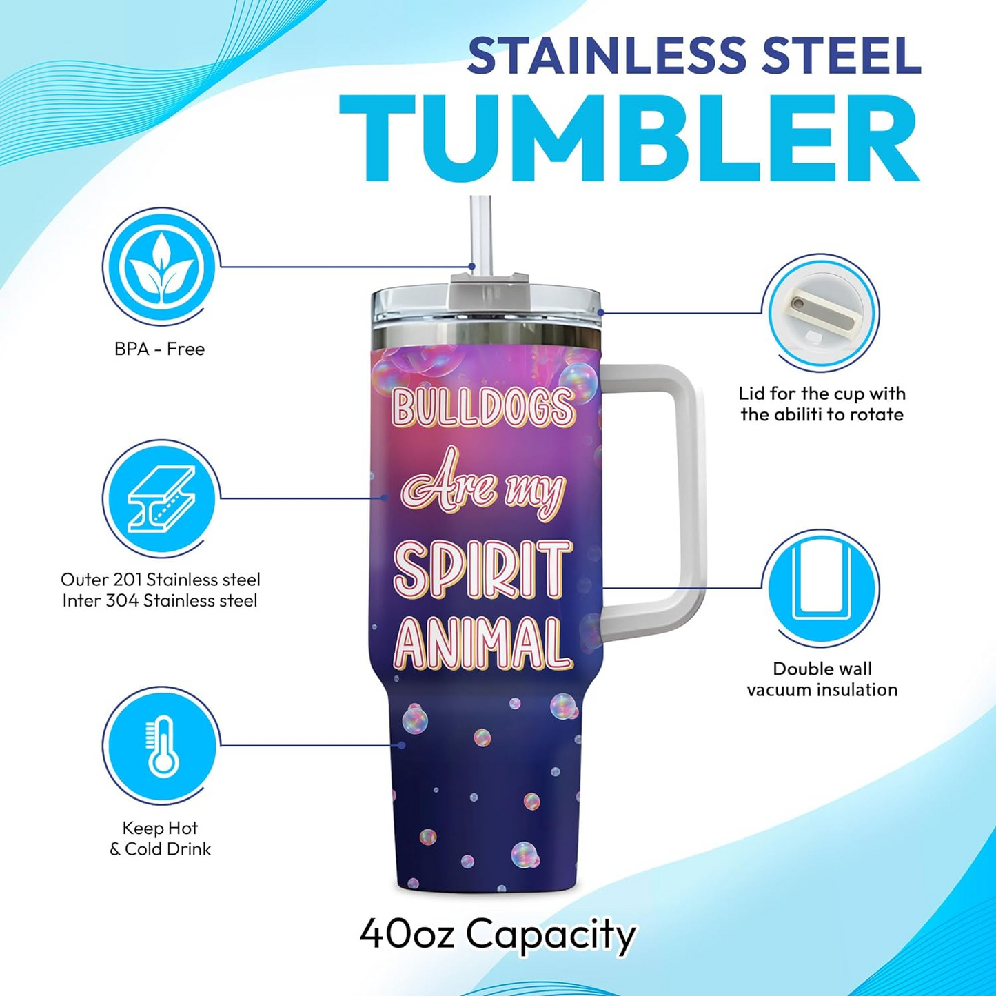 Bulldog Spirit Animal Tumbler 40oz – Personalized Stainless Steel Travel Cup with Handle & Straw – Fun Gift for Dog Moms & Pet Lovers