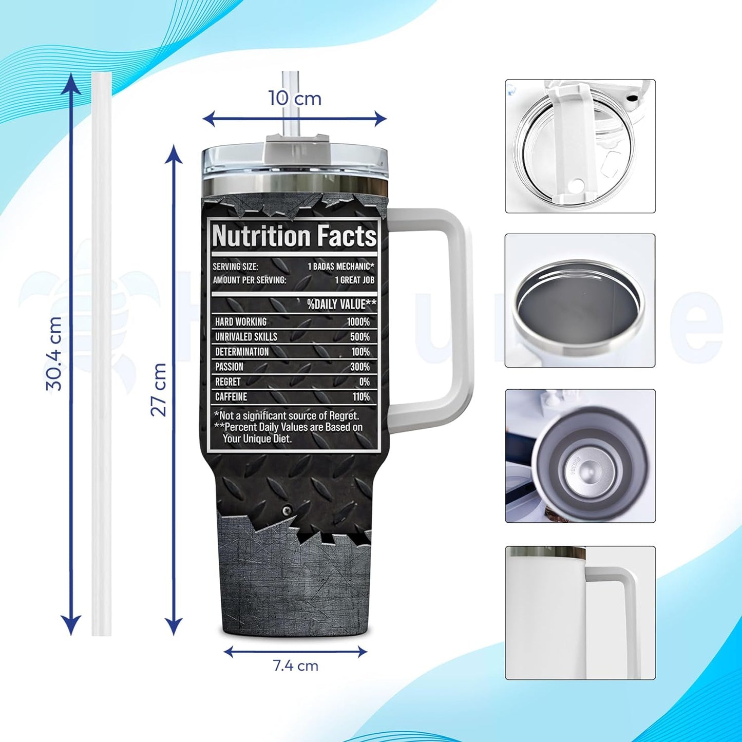 Mechanic Tools Nutrition Facts Tumbler 40oz with Handle & Straw – Personalized Stainless Steel Travel Cup with Lid – Practical Gift for Mechanics