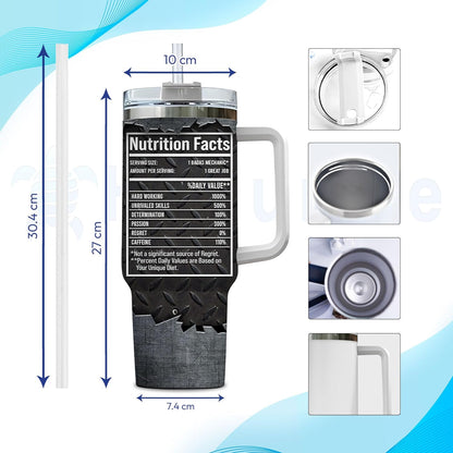 Mechanic Tools Nutrition Facts Tumbler 40oz with Handle & Straw – Personalized Stainless Steel Travel Cup with Lid – Practical Gift for Mechanics