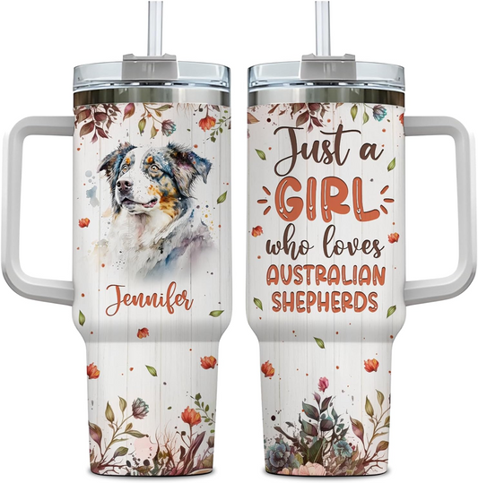 Australian Shepherd Lover Tumbler 40oz – Personalized Stainless Steel Travel Cup with Handle & Straw, Floral Dog Design – Unique Gift for Women & Girls