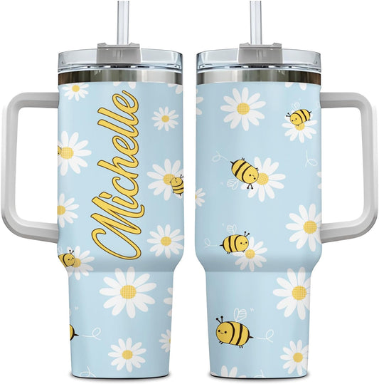 Bee & Daisy Tumbler 40oz with Handle & Straw – Personalized Stainless Steel Insulated Travel Cup with Lid – Cute Floral Gift for Nature Lovers