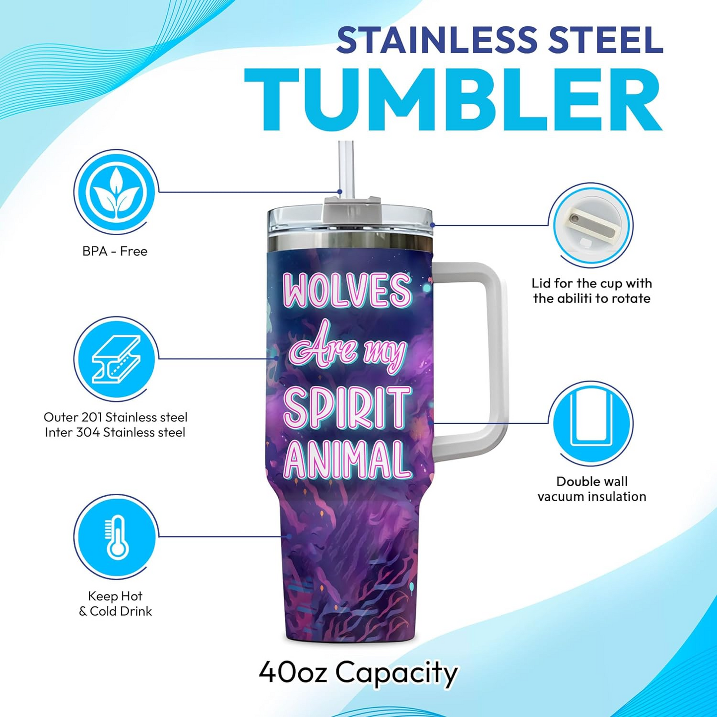 Galaxy Wolf Tumbler 40oz with Handle & Straw – Personalized Stainless Steel Cup with Lid – Stylish Animal Gift for Women & Teens
