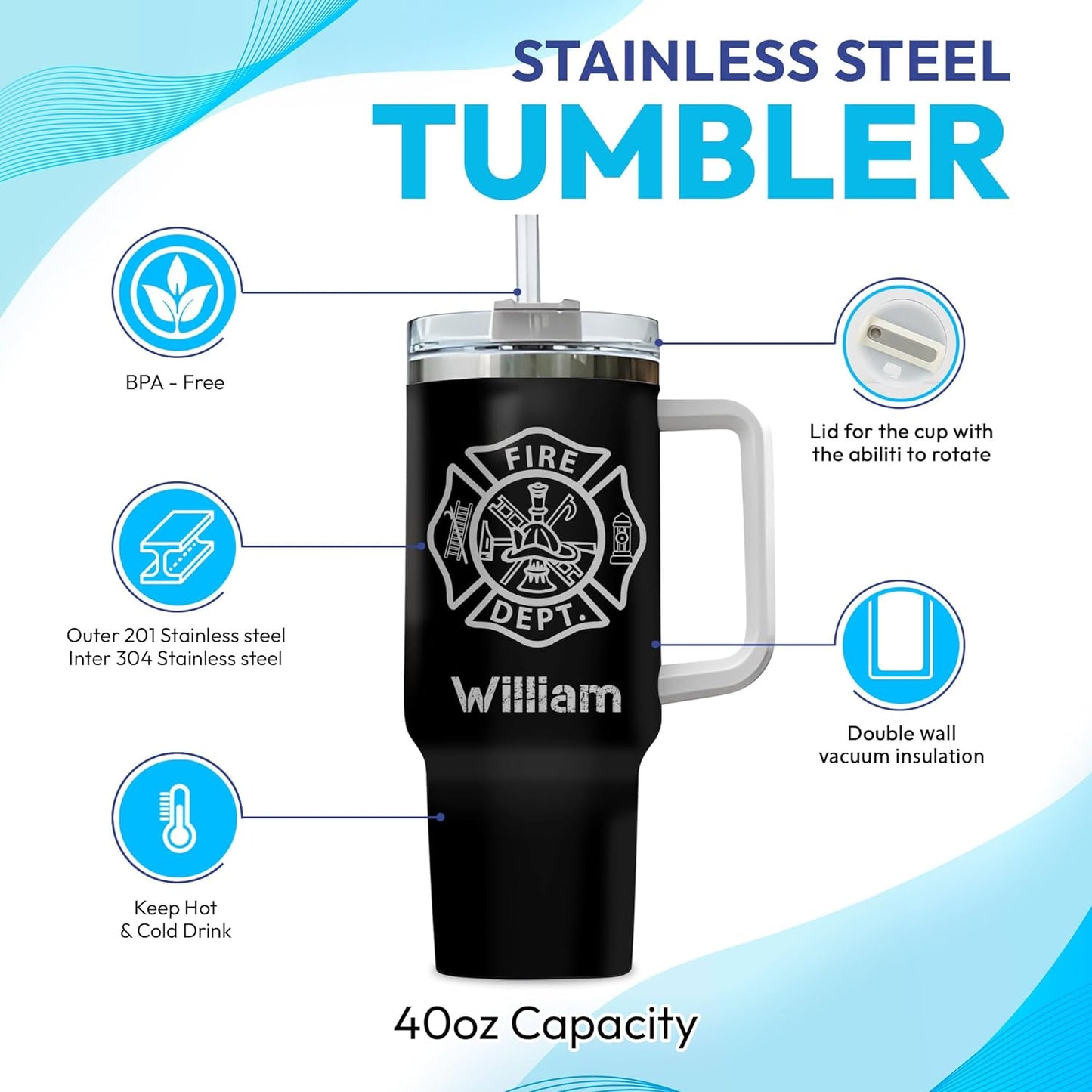 Firefighter Department Tumbler 40oz with Handle & Straw – Personalized Stainless Steel Insulated Travel Cup with Lid – Thoughtful Gift for Firefighter Dads