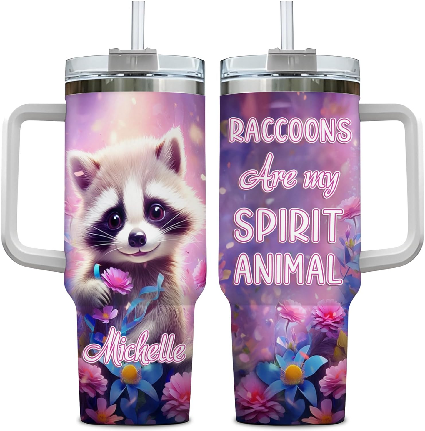 Raccoon Lover Tumbler 40oz with Handle & Straw – Personalized Stainless Steel Insulated Travel Cup with Lid – Unique Gift for Animal Lovers