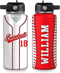 Personalized Baseball Water Bottle – Custom Stainless Steel Insulated Sports Bottle with Name, 18oz 32oz – Gift for Baseball Players, Boys, Men, Coaches, Birthday, Christmas