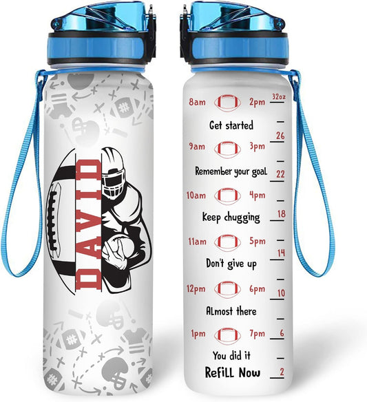 Football Sports Water Bottle Tracker 32oz – Personalized BPA-Free Motivational Bottle with Time Marker – Cool Gift for Boys & Football Fans