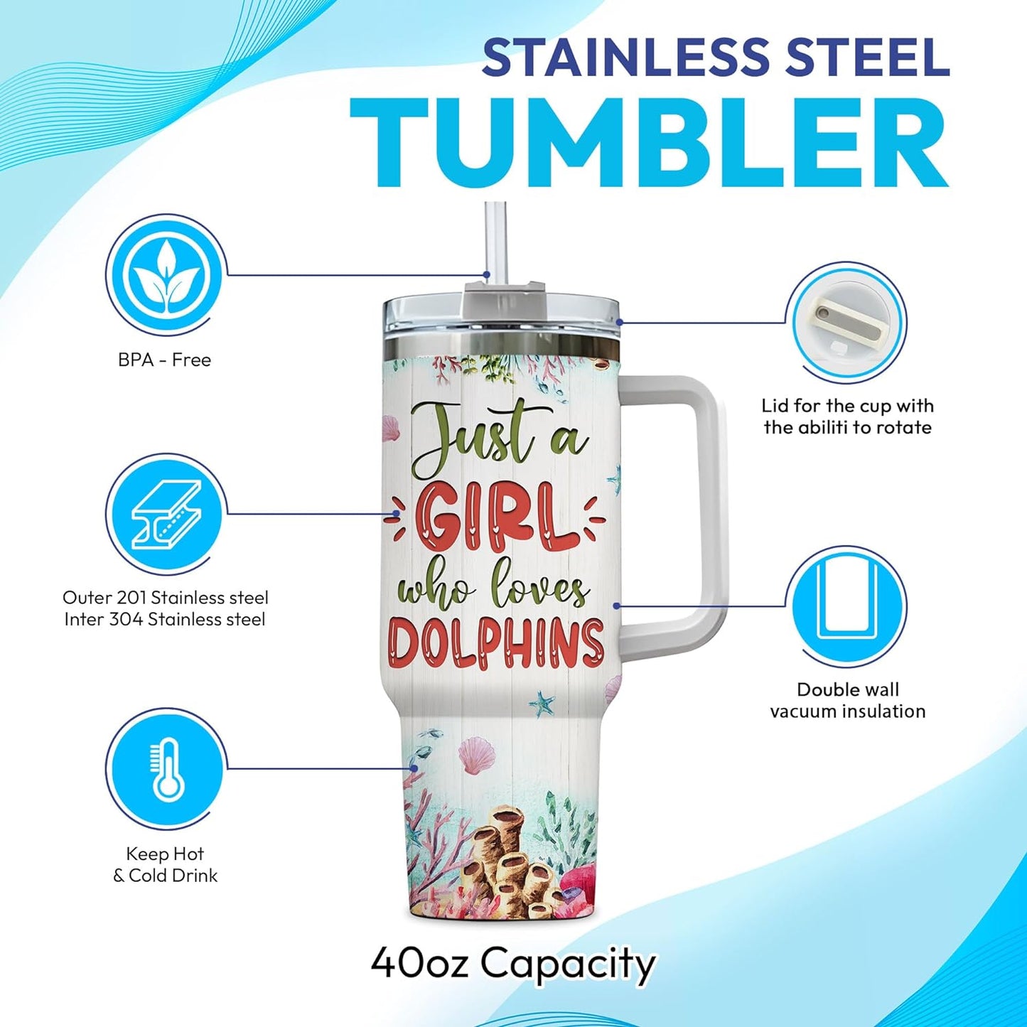 Watercolor Dolphin 40oz Tumbler with Handle & Straw – Personalized Stainless Steel Insulated Travel Cup with Lid – Unique Gift for Ocean Lovers