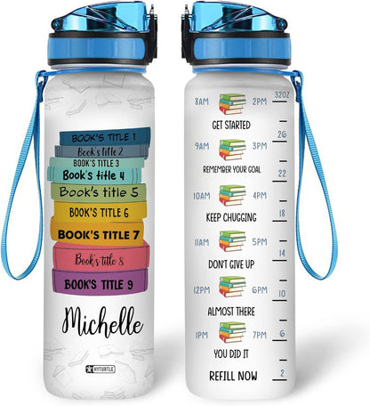 Book Lover Water Bottle Tracker 32oz – Personalized Motivational Hydration Bottle with Time Marker – Creative Gift for Readers